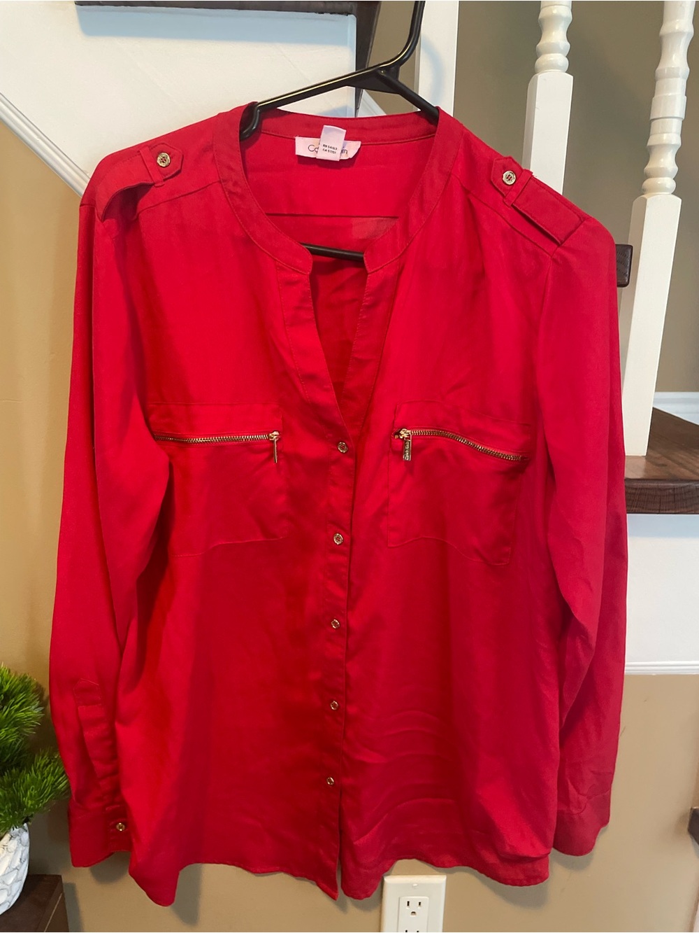 Calvin Klein Red Button-Front Utility Shirt with Zip Pockets